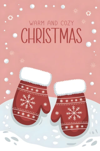 Christmas Greeting Card Red Mittens with Snowflakes On Pink Snowy Background Framing Warm and Cozy Christmas Message