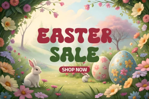 Plantilla de diseño de venta de Pascua con caprichosas ilustraciones florales y de conejitos