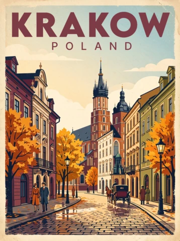 Cracovia Polonia poster vintage retrò di viaggio autunno strada acciottolata guglie della basilica carrozza a cavalli edifici storici opera d'arte