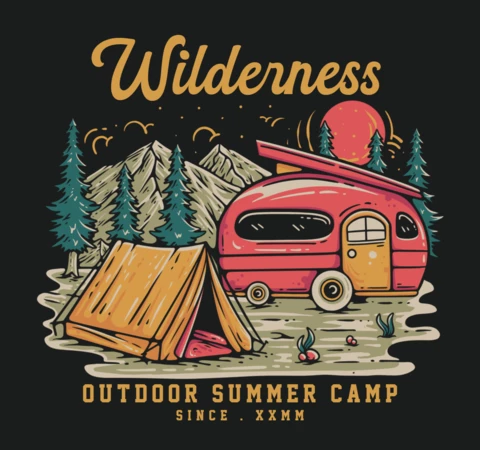 Modelo de design de camiseta vintage para acampamento de verão ao ar livre na natureza
