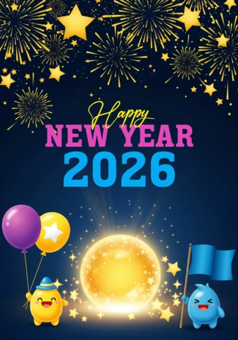 Kartka noworoczna 2026 z niebieskim tłem, żółtymi fajerwerkami, różowym tekstem i balonikiem trzymanym przez postać z kreskówki