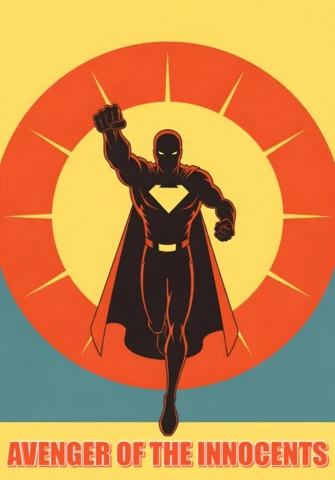 Vengador de los inocentes volador superhéroe con fondo de explosión solar plantilla de diseño de cartel