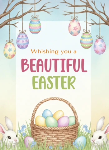 Beautiful Easter Greeting Card with Bunny, Basket of Eggs, Hanging Decorated Eggs, Spring Flowers & Festive