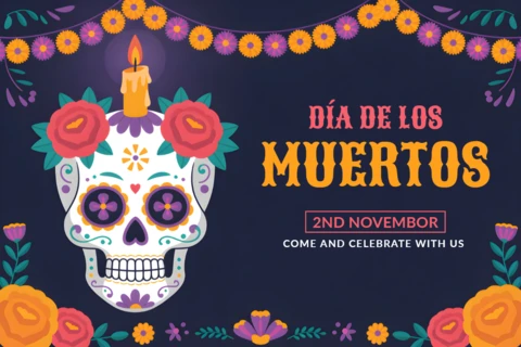 Dia De Los Muertos Design Template for Festive Posters with Colorful Skull and Floral Elements