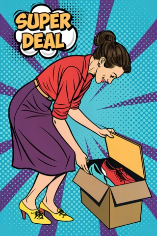 Modèle de design pop art pour la promotion de chaussures avec une femme déballant une boîte.