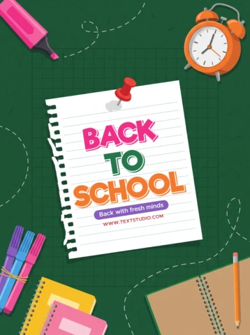 Affiche de rentrée scolaire avec fournitures colorées et papier à notes sur un fond de tableau vert