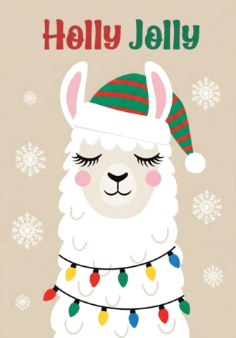 Holly Jolly Christmas Card Adorable Llama with Lights and Snowflakes On Beige Background