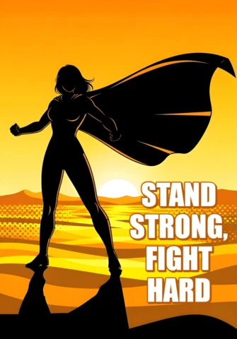 Starker Superhelden-Silhouette mit Sonnenuntergang und Posterdesign-Vorlage für motivierende Zitate