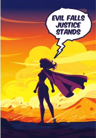 Justice Stands Superhero Silhouette On Rocky Ground with Sunset Poster Design Template