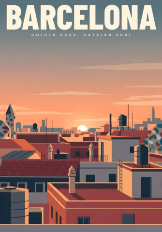 Barcelona Travel Art Illustrated Rooftops At Sunset with Gaudí Touches Travel Posters Design Template