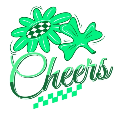 Шаблон дизайна "Cheers" с зелеными цветочными и клеверными элементами для товаров на день Святого Патрика.