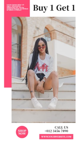 Modelo de design de postagem de história do Instagram do tipo compre 1 e receba 1 oferta