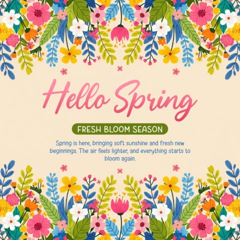 Seasonal Spring Greeting Card Design Template with Floral Border, Pastel Dots, and Fresh Bloom Theme
