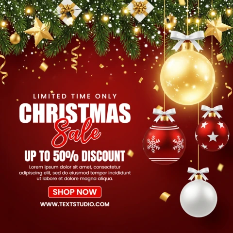 Diseño de volante audaz para anuncio de venta por tiempo limitado de Navidad con brillo de adornos y elementos decorativos festivos.