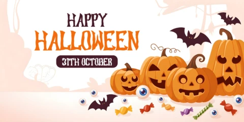 Halloween-Nacht Cartoon-Kürbisse, fliegende Fledermäuse & wunderschöne Süßigkeitenmischung Facebook-Cover-Design-Vorlage