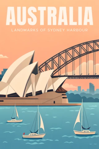 Template de design retro da Austrália apresentando a ópera de Sydney para pôsteres de viagem.