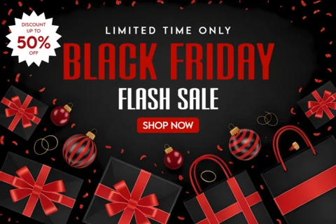 Modèle de design de vente du Black Friday avec des boîtes cadeaux et des ornements pour des flyers promotionnels