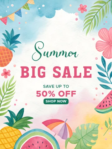 Summer Sale Design Template - Colorful Watercolor Style with Tropical Elements