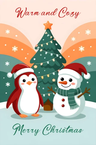 Holiday Card Greeting Cute Penguin and Snowman with Christmas Tree and Snowflakes in Cozy Festive Scene