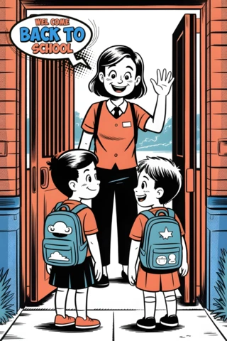 Back to School Teacher Greeting Students At School Entrance with Brick Walls and Scenic Background Poster Design Template