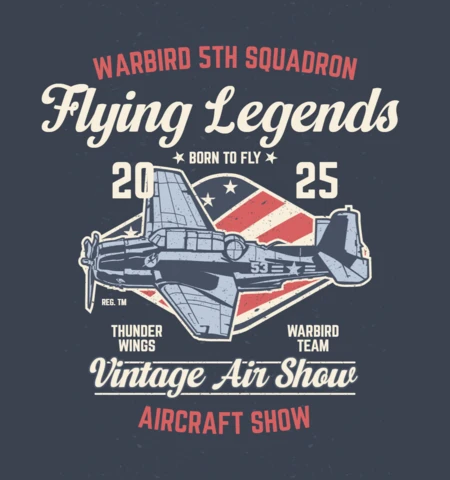 Vliegende legendes vliegtuig vintage t-shirt ontwerp sjabloon