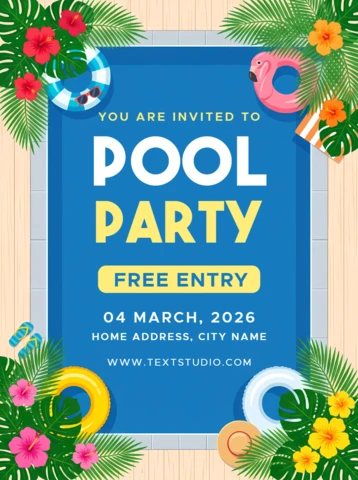 Tropical Pool Party Invitation Template with Floating Rings and Floral Decorations