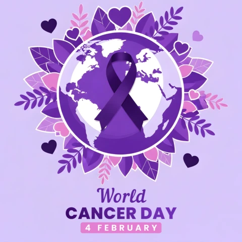 World Cancer Day Awareness Template with Purple Ribbon Design for Posters
