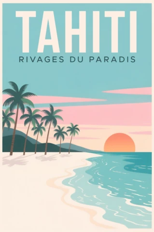 Tropical Paradise Design Template for Travel Poster with Palm Trees and Sunset