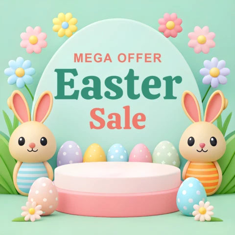 Juguetona plantilla de diseño de venta de Pascua con simpático conejito y elementos florales