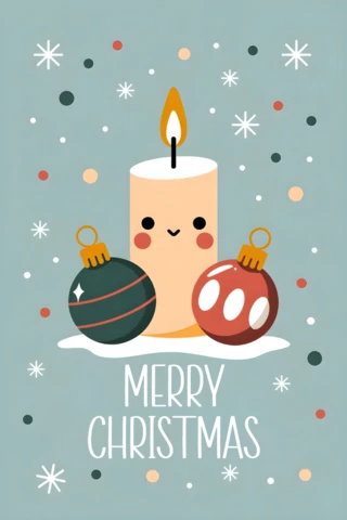 Merry Christmas Greeting Card Cute Candle with Green and Red Ornaments Surrounded By Snowflakes and Stars