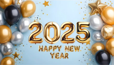 Festive White and Golden Balloon Happy New Year 2025 Design Template