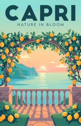 Template de design da natureza de Capri em flor para cartazes de viagem cênica