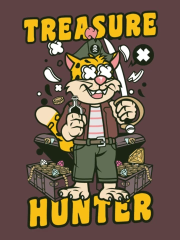 Modelo de design de camiseta de gato de desenho animado de caçador de tesouros