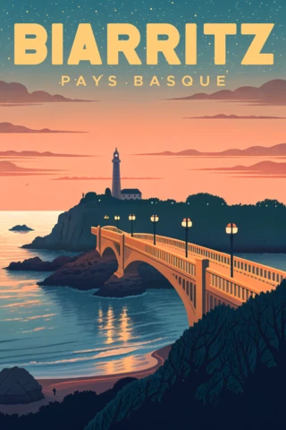 Vintage Biarritz Landscape Design Template for Retro Flat Travel Posters