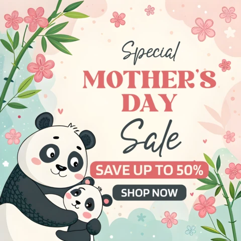 Whimsical Mother's Day Sale Template Design with Pandas and Floral Elements