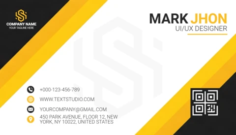 Modèle de carte de visite moderne jaune avec mise en page en diagonale, icônes de contact et code QR.