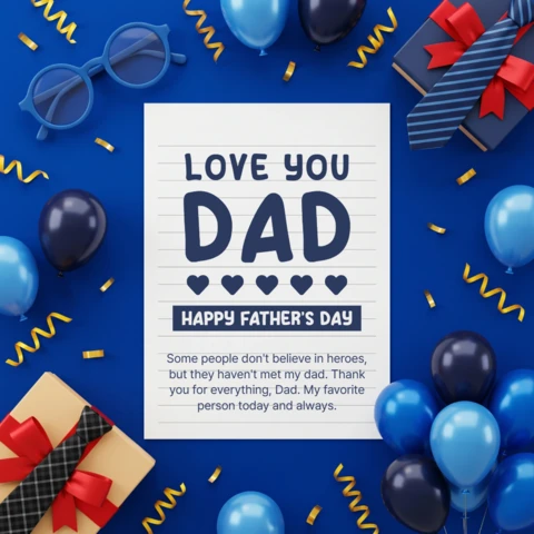 Father’s Day 2026 Artistic Greeting Card with Blue Background Balloons Glasses Gift Boxes Necktie Confetti and Loving Father’s Day Theme