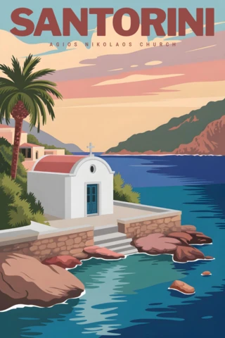 Agios Nikolaos kilisesi, gün batımı gökyüzü ve kıyı manzarası, Santorini seyahat posterleri tasarım şablonu.
