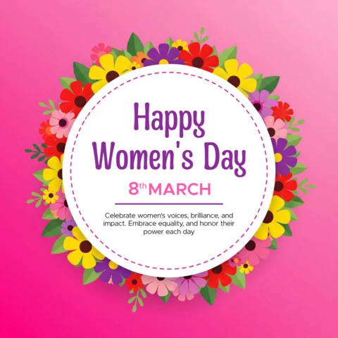 International Women’s Day Poster Design Template with Floral Wreath, Pink Gradient Background, and Inspirational Quote