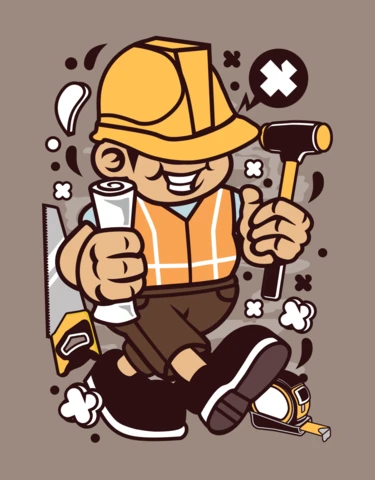 建設労働者の子供の漫画のキャラクターTシャツのデザインテンプレート