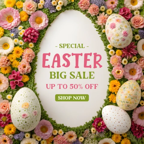 春の花柄イースターセールデザインテンプレート - カラフルな卵と花で編集可能なプロモーション