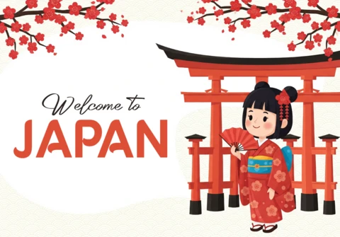 Póster de cultura japonesa, puerta torii roja y negra con chica en kimono y ramas de sakura.