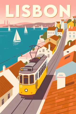 Lisbon Tram Vintage Design Template for Retro Flat Travel Posters