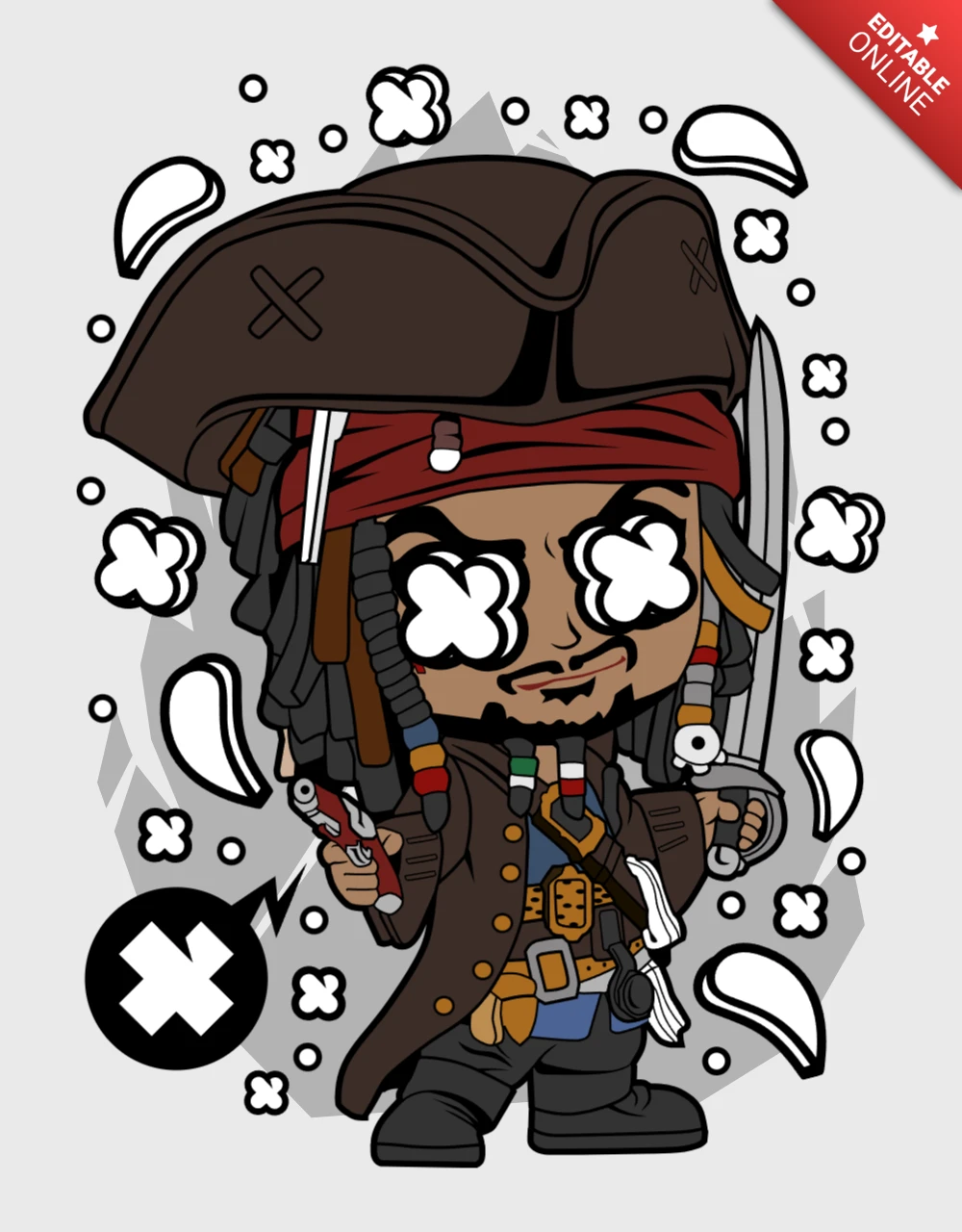 Jack sparrow stripfiguur popcultuur kleding ontwerpsjabloon