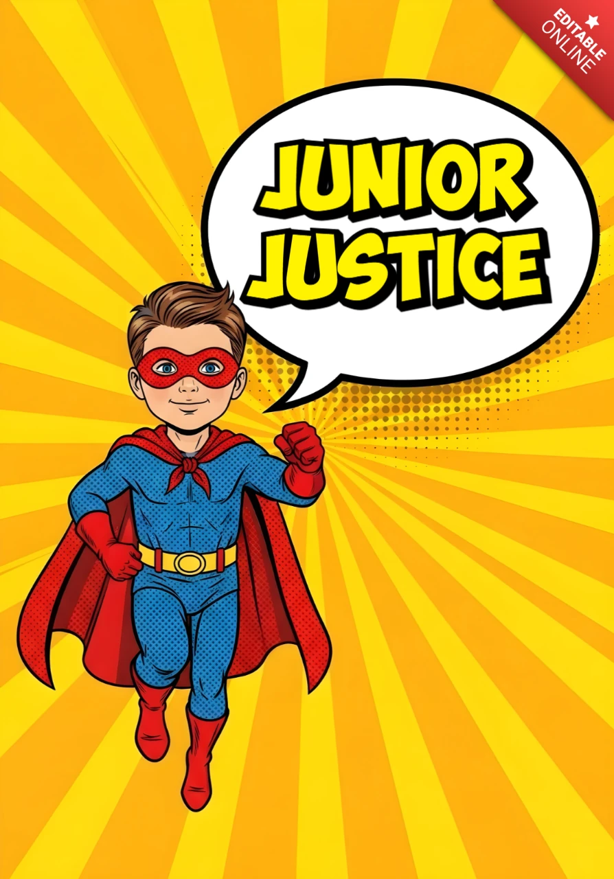 Junior Justice Superhero Cartoon Hero in Blue Suit with Red Cape & Action Burst Poster Design Template