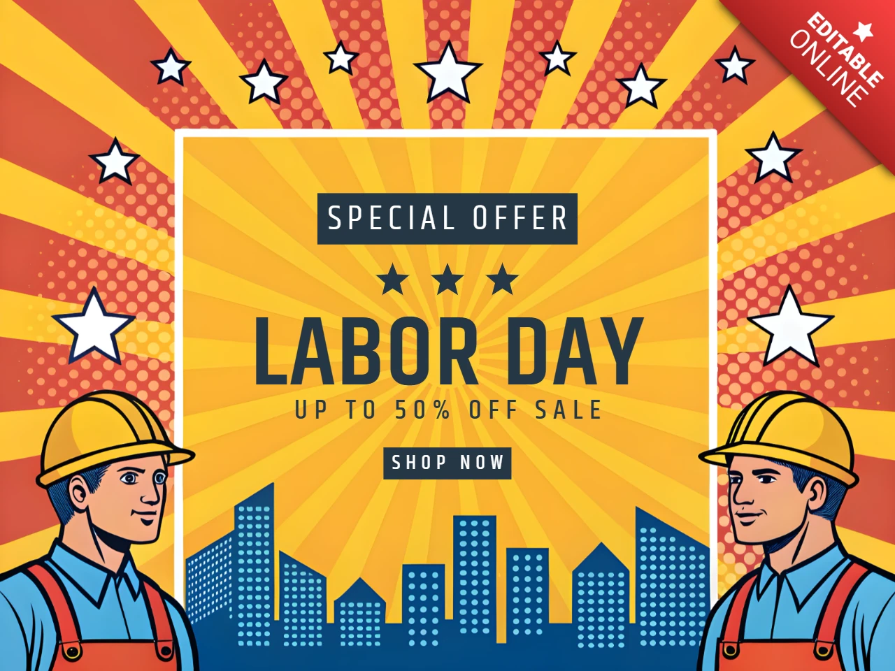 Modelo de design de promoção do Dia do Trabalho - estilo pop art retrô com gráficos arrojados