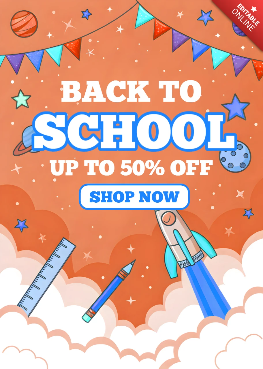 Back to School Design Template with Rocket and School Supplies for Promotional Flyer