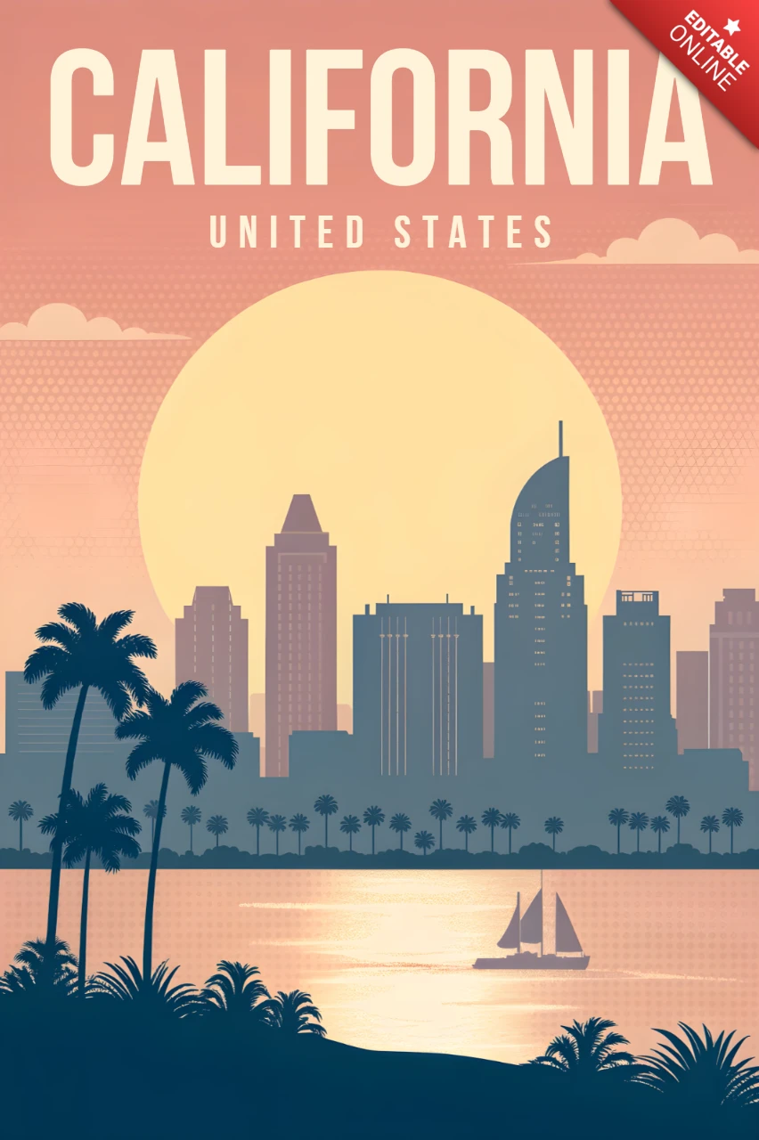 California Sunset Cityscape Design Template for Travel Posters
