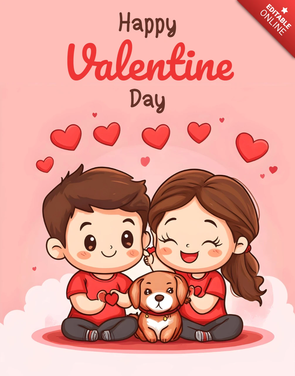 Happy Valentine Chibi Couple And Pup Illustration Design Template