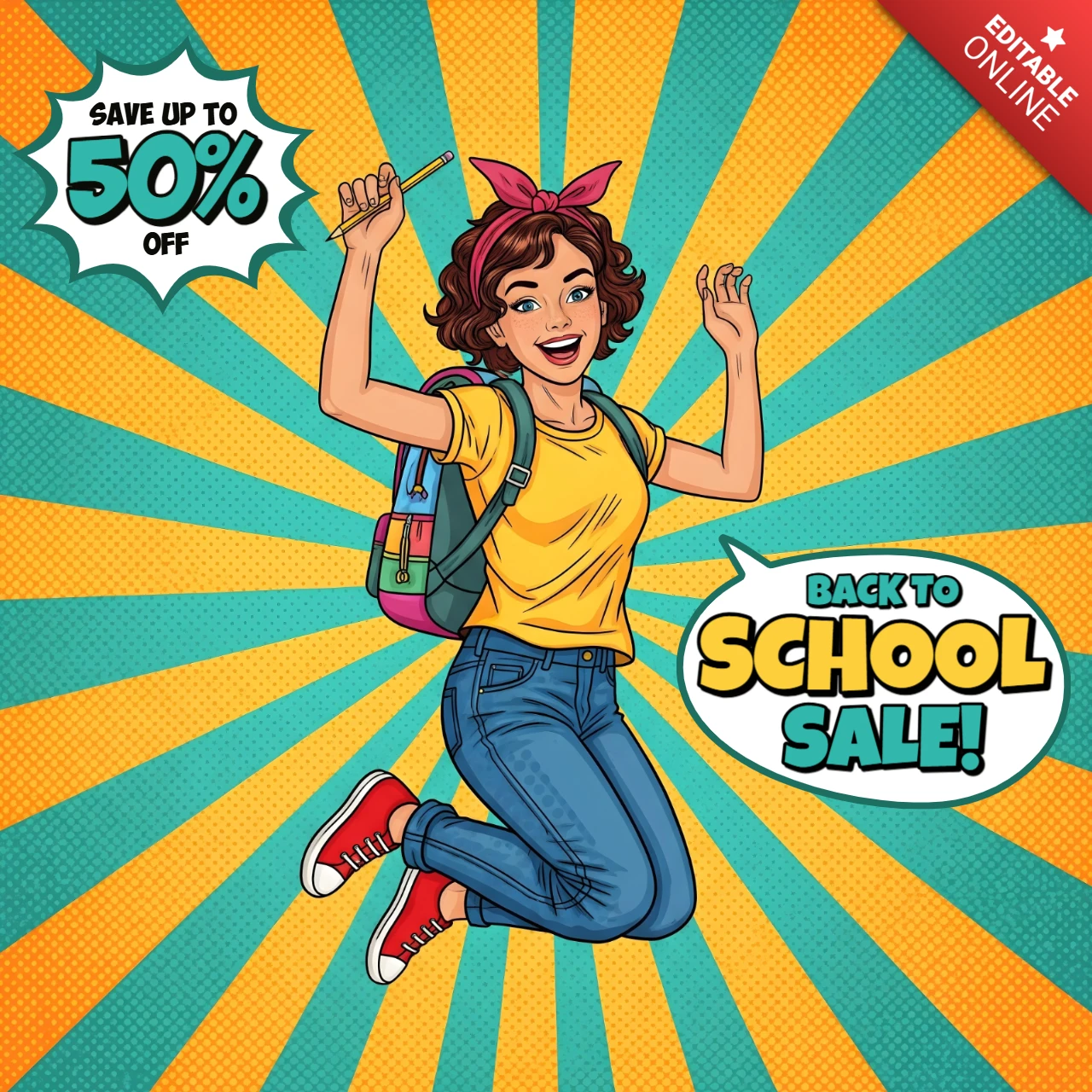 Vente de rentrée scolaire style bande dessinée étudiant sautant avec un sac à dos et bannière de bulle de réduction éclatée modèle de conception pour flyers promotionnels